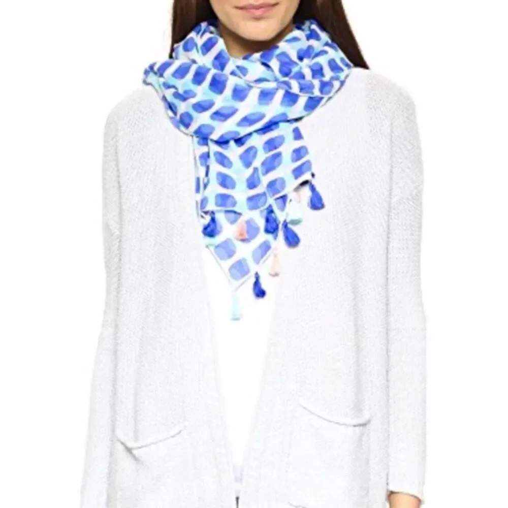 NWT - KATE SPADE Island Stamp Scarf, Blue/White/Pink/Turquoise, Tassels